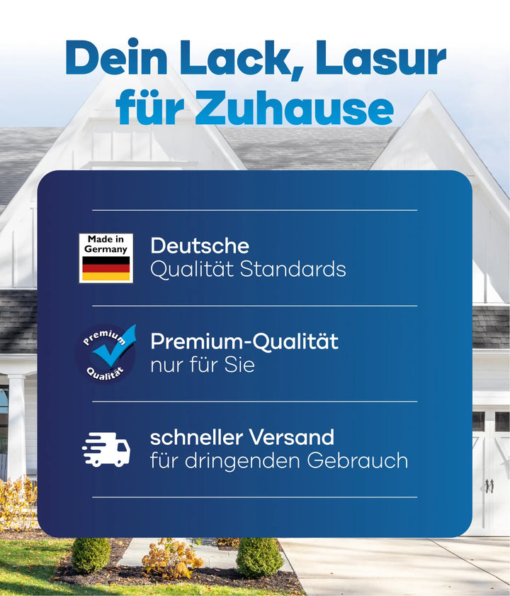 Anzeige für plid Silikon Fassadenfarbe - Anstreichset - Abdeckvlies: Deutsche Qualität &amp; hochwertige Abzeichen, schneller Versand. Perfekt für wetterbeständige Fassadenanstriche. Moderner blau/weißer Design-Hintergrund mit Icons für Qualität und Geschwindigkeit.