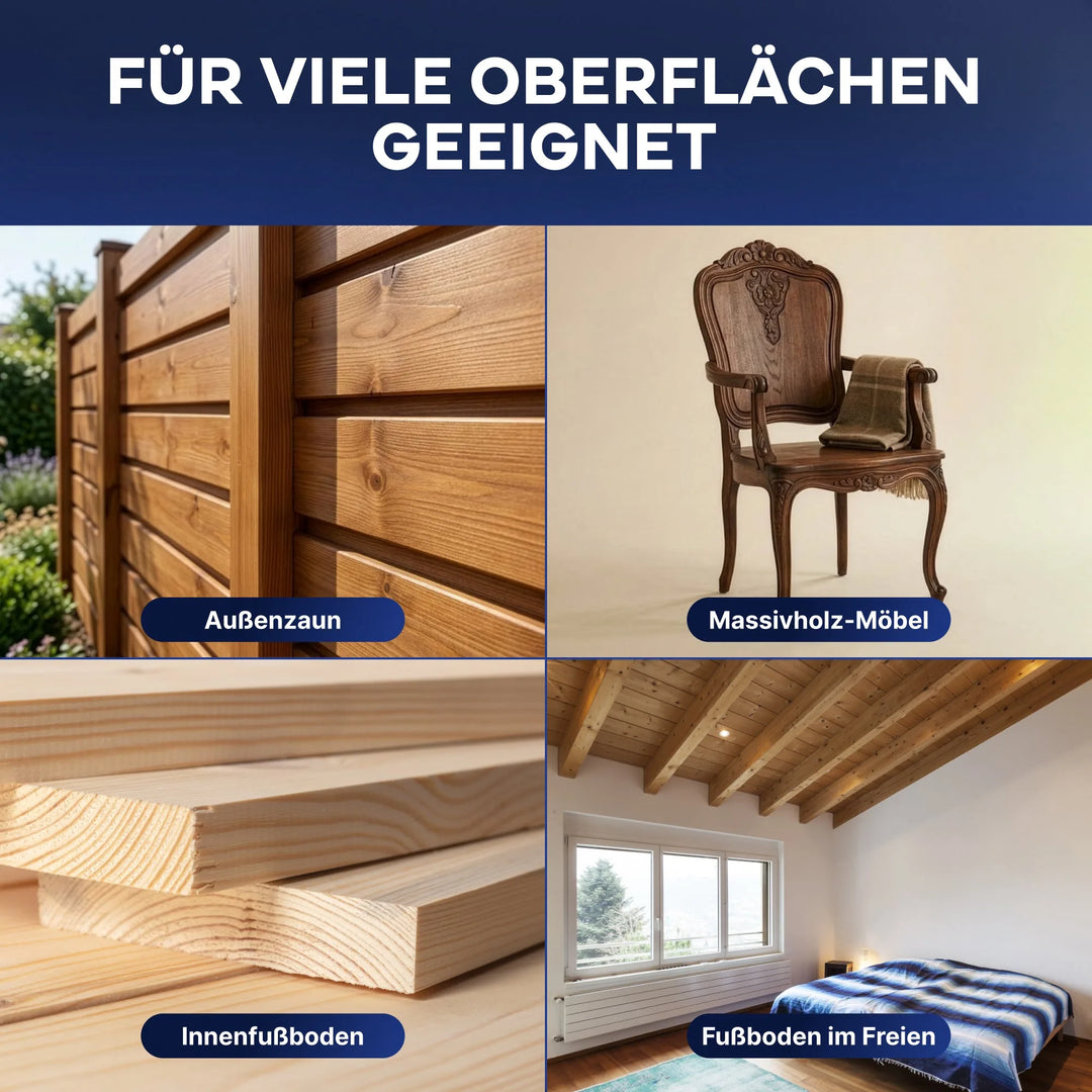 Das Bild zeigt vier Verwendungsmöglichkeiten für plid Holzschutzlasur - Pinselset: Holzzaun für den Außenbereich, Massivholzstuhl, gestapelte Dielen und eine Schlafzimmerdecke aus Holz. Deutscher Text: Geeignet für viele Oberflächen. Ideal für UV- und Holzschutz außen.