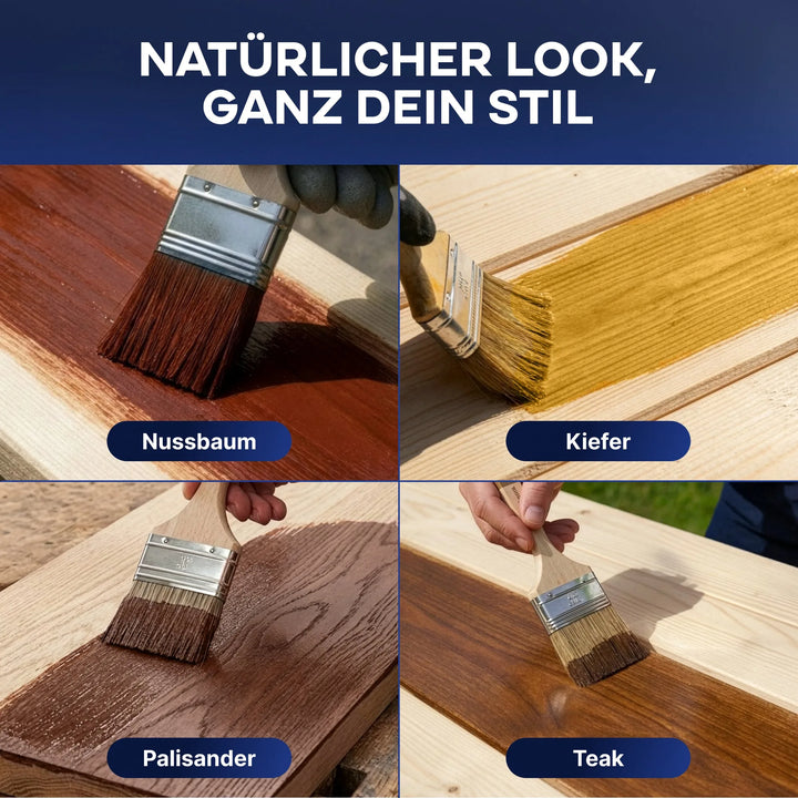 Vier Bilder zeigen die plid Holzschutzlasur - Pinselset beim Auftragen von Nussbaum-, Kiefern-, Palisander- und Teakholzbeizen auf hellem Holz. Text: Natürlicher Look, ganz dein Stil. Ideal für langlebigen UV-Holzschutz außen.