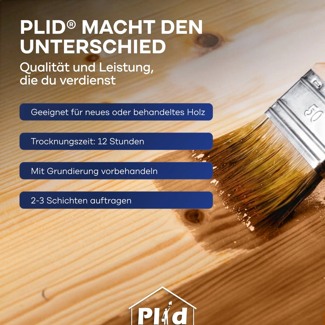 Mit dem plid Holzschutzlasur-Pinselset streichen Sie mühelos Lack auf Holz. "plid macht den Unterschied - Qualität und Leistung, die du verdienst." Jetzt neu: UV-Schutz für optimalen Außenschutz. Anwendungstipps &amp; Haus-Logo im Bild.