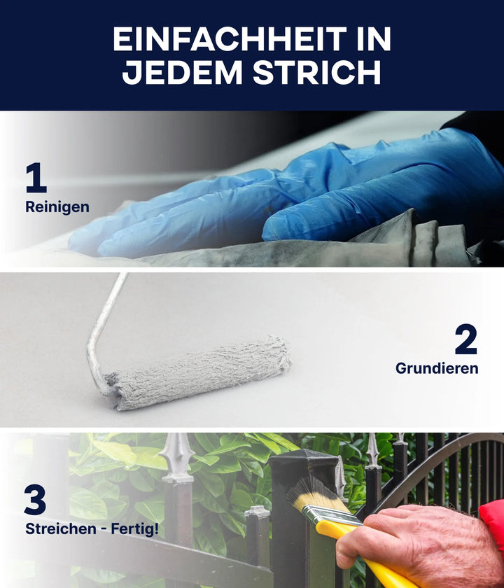 Anleitung zum Streichen in drei Schritten: Zuerst wird der Untergrund mit Handschuhen gereinigt, dann wird mit einer Rolle die Grundierung plid Plid Allgrund aufgetragen und schließlich wird mit einem Pinsel ein schwarzer Metallzaun gestrichen. Jeder Schritt ist auf Deutsch beschrieben.