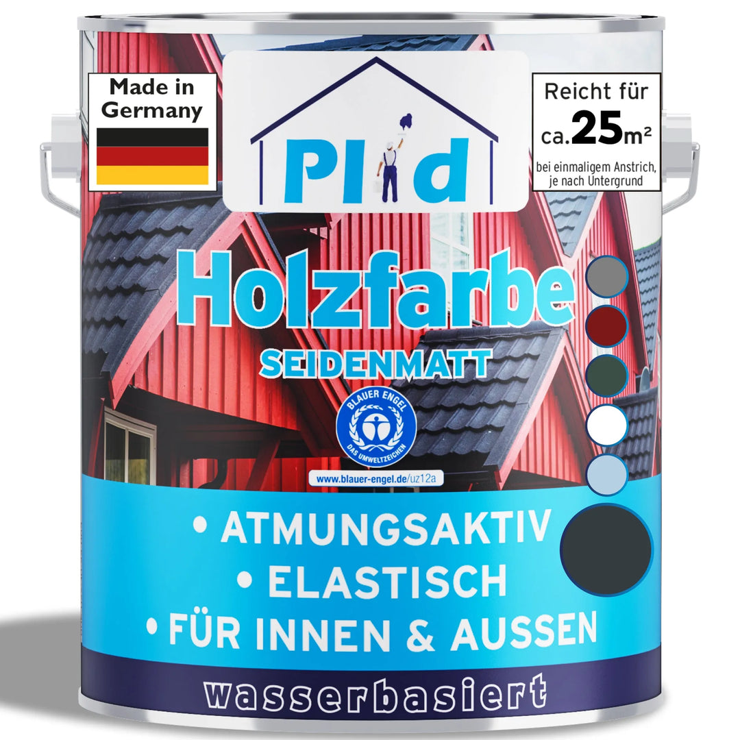 Eine Dose plid Plid Wetterschutz Holzfarbe - deckend &amp; wetterfest für innen &amp; außen zeigt rote Holzhäuser, eine Deutschlandflagge und Symbole für Atmungsaktivität und Elastizität - ideal als schützende Holzschutzfarbe zur nachhaltigen Holzpflege.