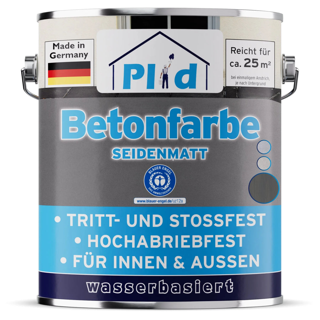 Eine Dose plid Plid Betonfarbe für Böden &amp; Wände - abriebfest &amp; wetterbeständig, auf Wasserbasis und abriebfest mit blau/grauem Etikett, für innen/außen als Bodenbeschichtung. Deckt 25m² ab. Hergestellt in Deutschland.