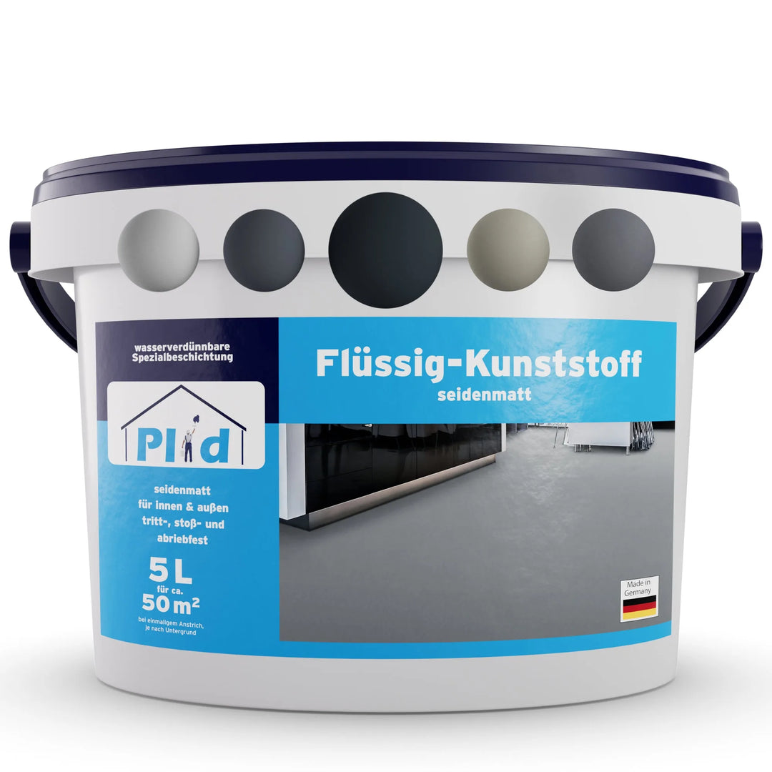 Der 5L plid Flüssigkunststoff Bodenbeschichtung für Innen &amp; Außen - Betonfarbe hat ein blaues Etikett, einen grauen Deckel, Bodenbilder und einen deutschen Text, der auf die Funktion als Spezialbeschichtung für Fußböden hinweist.