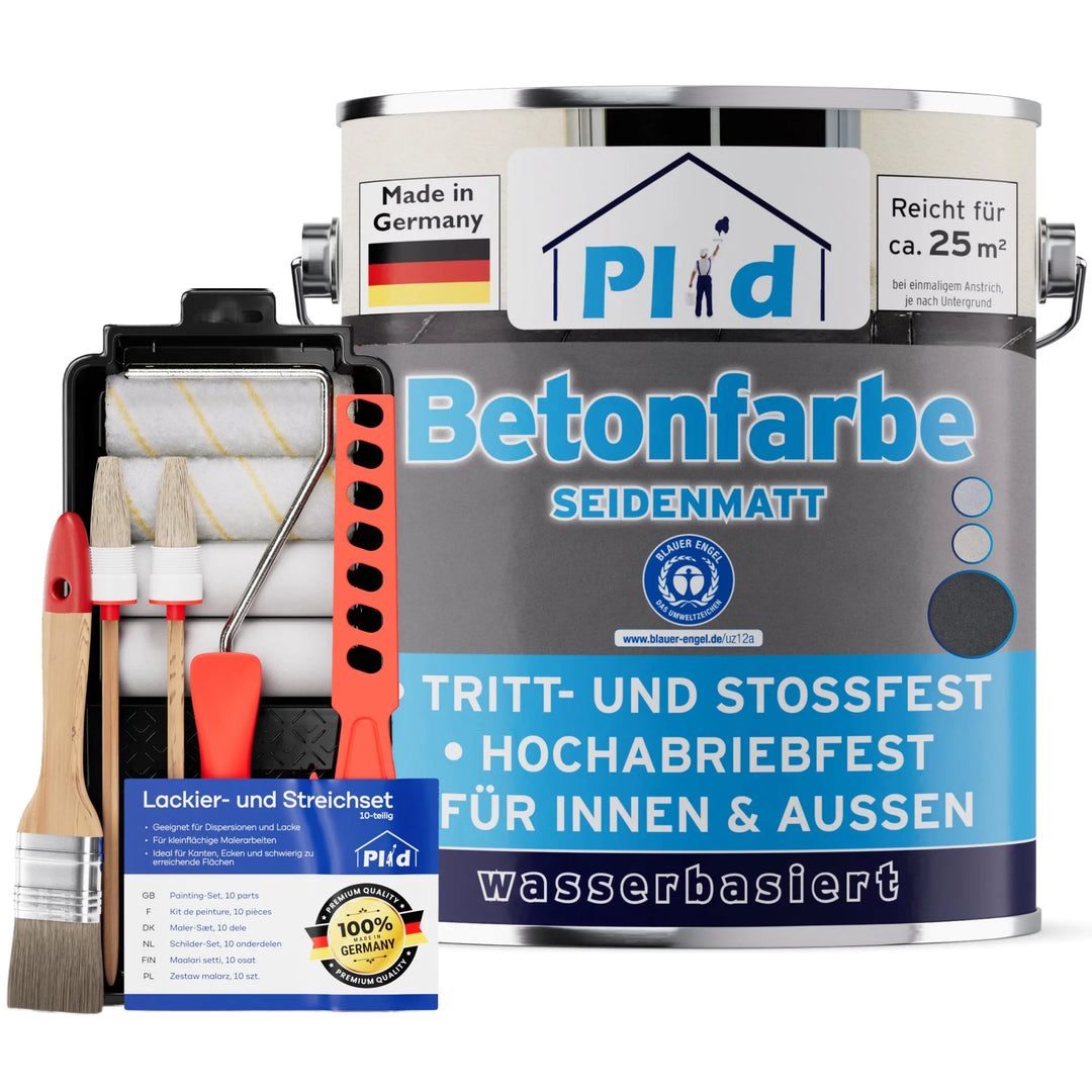 Eine Dose plid Betonfarbe - Anstreichset für den Innen- und Außenbereich mit Walzen, Bürste, Schale und Schaber vorne. Das blau-weiße deutsche Etikett unterstreicht seine Stärke als Bodenbeschichtung.
