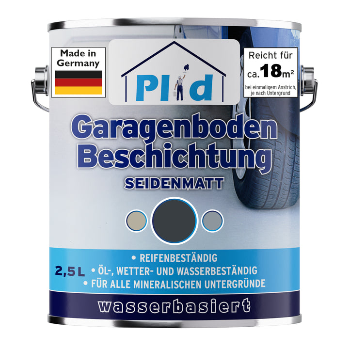 Ein 2,5-Liter-Gebinde Plid Garagenboden Beschichtung seidenmatt im dunklen Farbton Anthrazitgrau. Auf dem Etikett stehen Made in Germany, Reicht für ca. 18 m², reifenbeständig, öl-, wetter- und wasserbeständig und für alle mineralischen Untergründe.