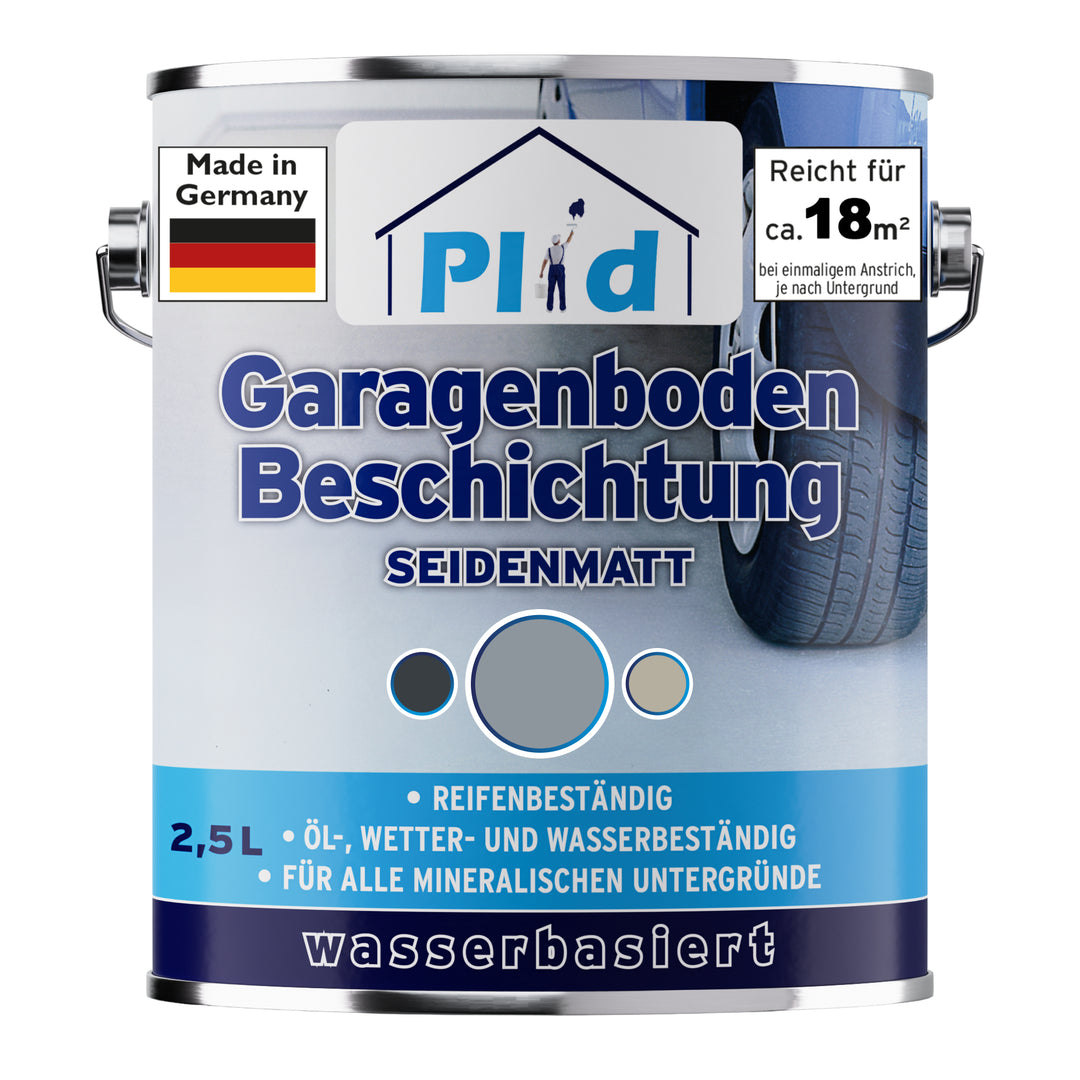 Ein 2,5-Liter-Gebinde Plid Garagenboden Beschichtung seidenmatt im Farbton Silbergrau, im Hintergrund ein Autoreifen. Das Etikett nennt Made in Germany, Reicht für ca. 18 m², reifenbeständig, öl-, wetter- und wasserbeständig sowie wasserbasiert.