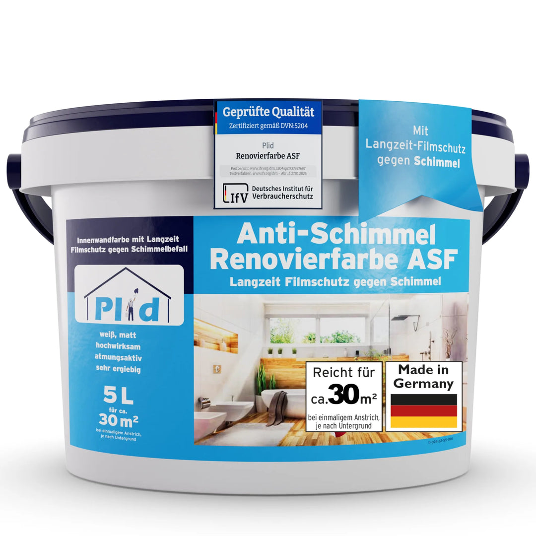 5-Liter-Eimer Plid Anti-Schimmel-Farbe für Innenräume, weiß-blaues Etikett