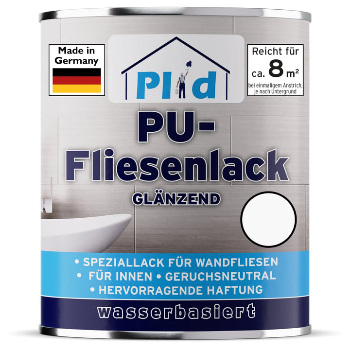 Eine Dose plid Plid PU-Fliesenlack, glänzende, geruchsneutrale Fliesenfarbe auf Wasserbasis für Innenwände in Bad &amp; Küche. Deckt 8 m² ab, hergestellt in Deutschland. Hervorragende Haftung, ideal für weiße Fliesen renovieren; strapazierfähig &amp; wasserfest.