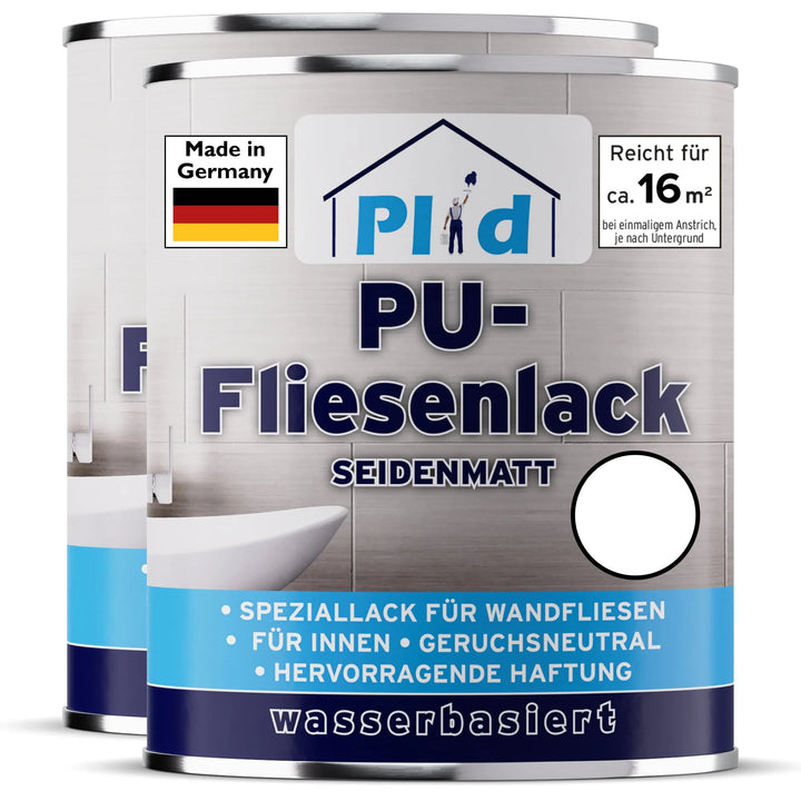 Zwei Dosen plid Plid PU-Fliesenlack-strapazierfähig &amp; wasserfest für Bad &amp; Küche, seidenmatt. Wasserbasiert, geruchsneutral, hervorragende Haftung; deutsches Label; made in Germany für die Fliesensanierung in Bad &amp; Küche.