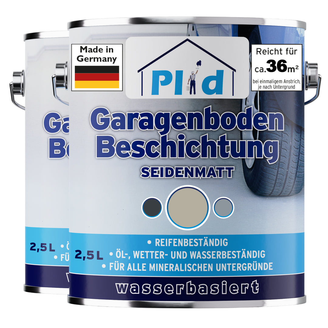 Zwei 2,5-Liter-Gebinde Plid Garagenboden Beschichtung seidenmatt im hellen Farbton Kieselgrau nebeneinander. Auf den Etiketten stehen Reicht für ca. 36 m², Made in Germany, reifenbeständig, öl-, wetter- und wasserbeständig sowie wasserbasiert.