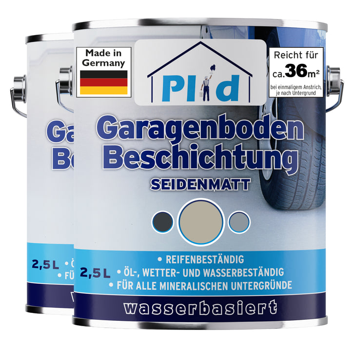 Zwei 2,5-Liter-Gebinde Plid Garagenboden Beschichtung seidenmatt im hellen Farbton Kieselgrau nebeneinander. Auf den Etiketten stehen Reicht für ca. 36 m², Made in Germany, reifenbeständig, öl-, wetter- und wasserbeständig sowie wasserbasiert.