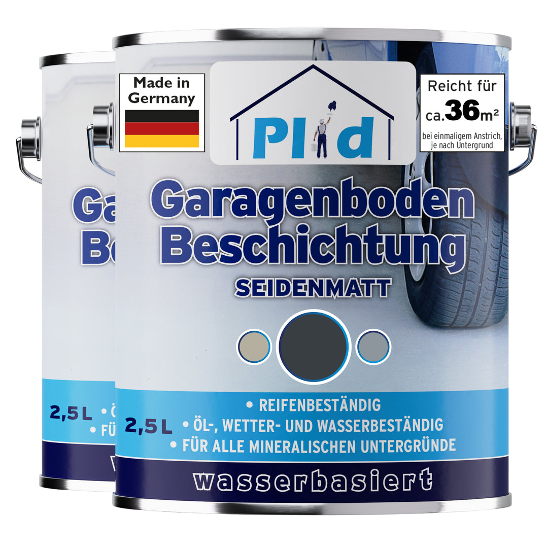 Zwei 2,5-Liter-Gebinde Plid Garagenboden Beschichtung seidenmatt im dunklen Farbton Anthrazitgrau. Die Etiketten zeigen Reicht für ca. 36 m², Made in Germany, reifenbeständig, öl-, wetter- und wasserbeständig sowie den Schriftzug wasserbasiert.