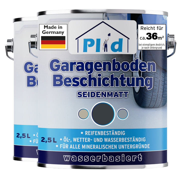 Zwei 2,5-Liter-Gebinde Plid Garagenboden Beschichtung seidenmatt im dunklen Farbton Anthrazitgrau. Die Etiketten zeigen Reicht für ca. 36 m², Made in Germany, reifenbeständig, öl-, wetter- und wasserbeständig sowie den Schriftzug wasserbasiert.
