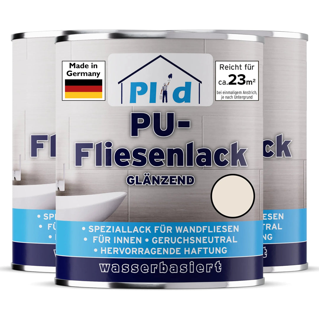 Abgebildet sind drei Dosen plid PU-Fliesenlack - strapazierfähig &amp; wasserfest für Bad &amp; Küche. Die blau-weißen Etiketten mit deutschem Text heben die wasserbasierte Rezeptur und die hervorragende Haftung bei der Fliesensanierung hervor.