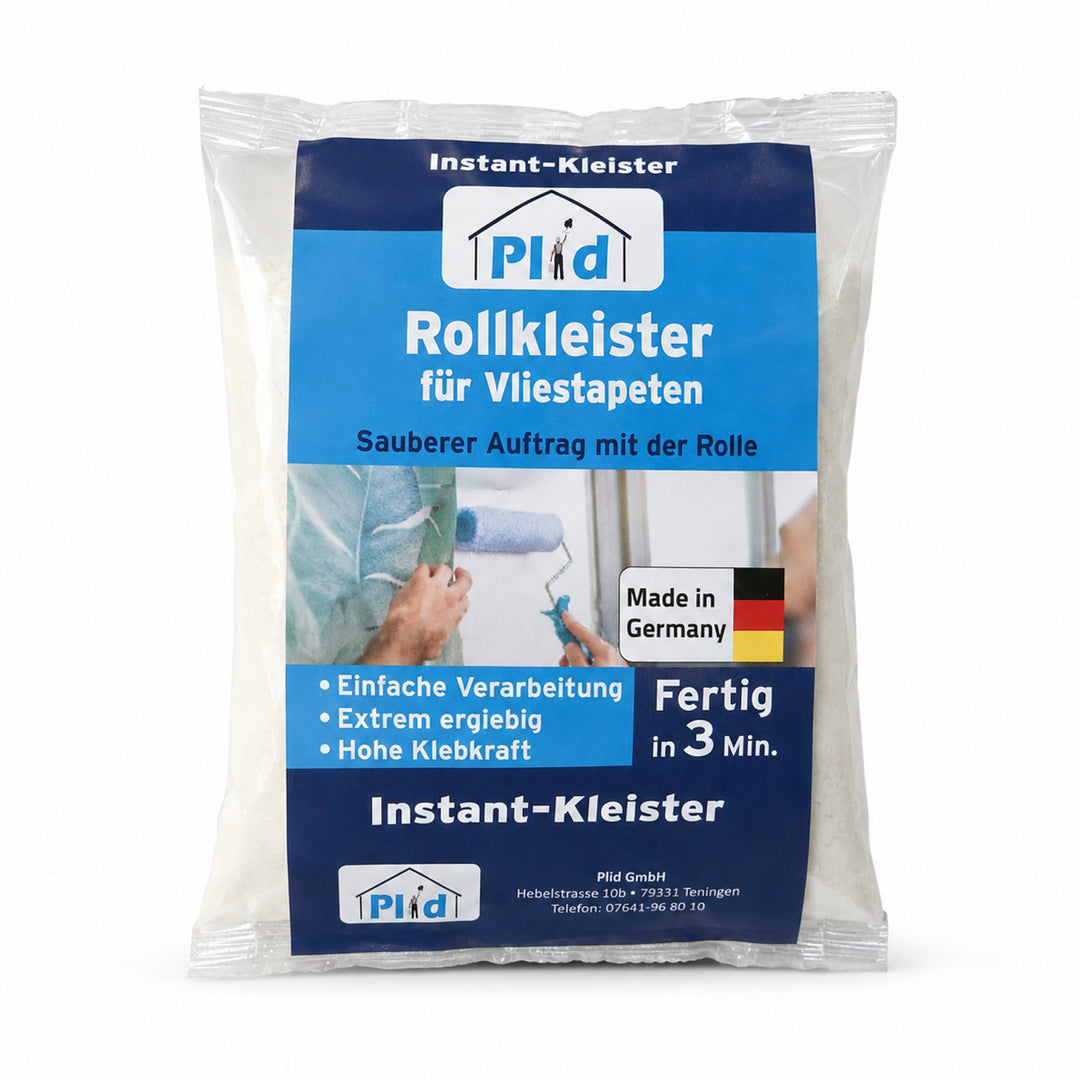 Plid Rollkleister für Vliestapeten: ein durchsichtiger Beutel mit 200 g Pulver vor weißem Hintergrund. Das blau-weiße Etikett zeigt Instant-Kleister, Made in Germany und den Hinweis „Fertig in 3 Min.“.