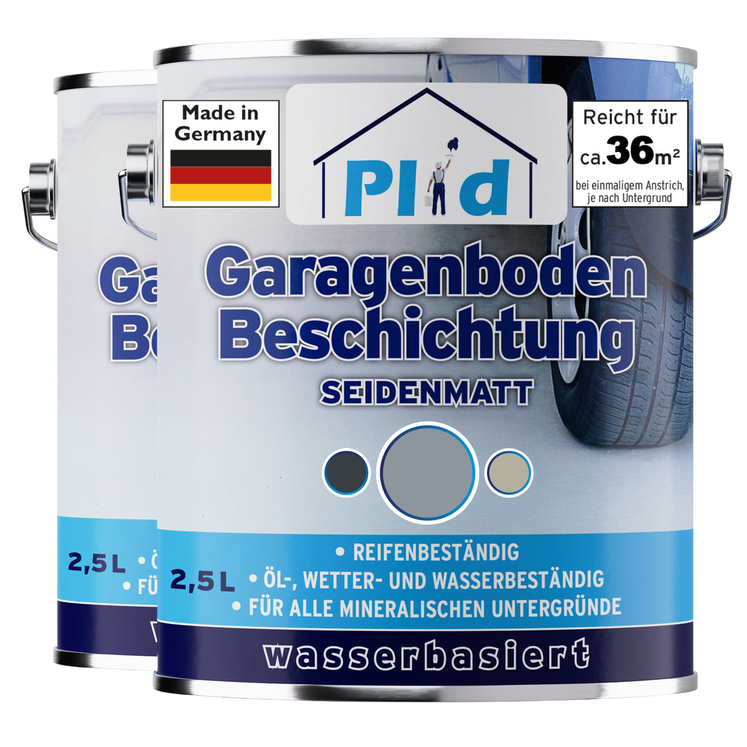 Zwei 2,5-Liter-Gebinde Plid Garagenboden Beschichtung seidenmatt im Farbton Silbergrau nebeneinander. Das Etikett nennt Reicht für ca. 36 m² bei einmaligem Anstrich, Made in Germany, reifenbeständig, öl-, wetter- und wasserbeständig sowie wasserbasiert.