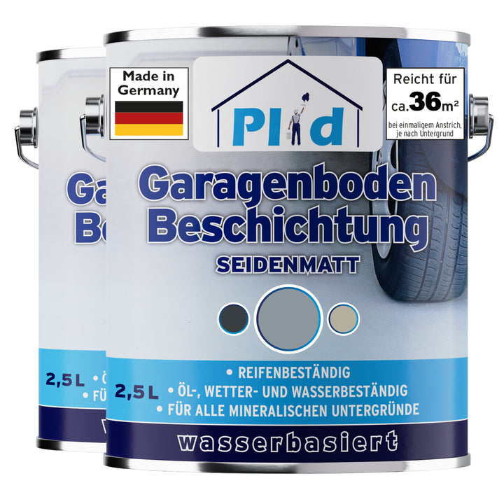 Zwei 2,5-Liter-Gebinde Plid Garagenboden Beschichtung seidenmatt im Farbton Silbergrau nebeneinander. Das Etikett nennt Reicht für ca. 36 m² bei einmaligem Anstrich, Made in Germany, reifenbeständig, öl-, wetter- und wasserbeständig sowie wasserbasiert.