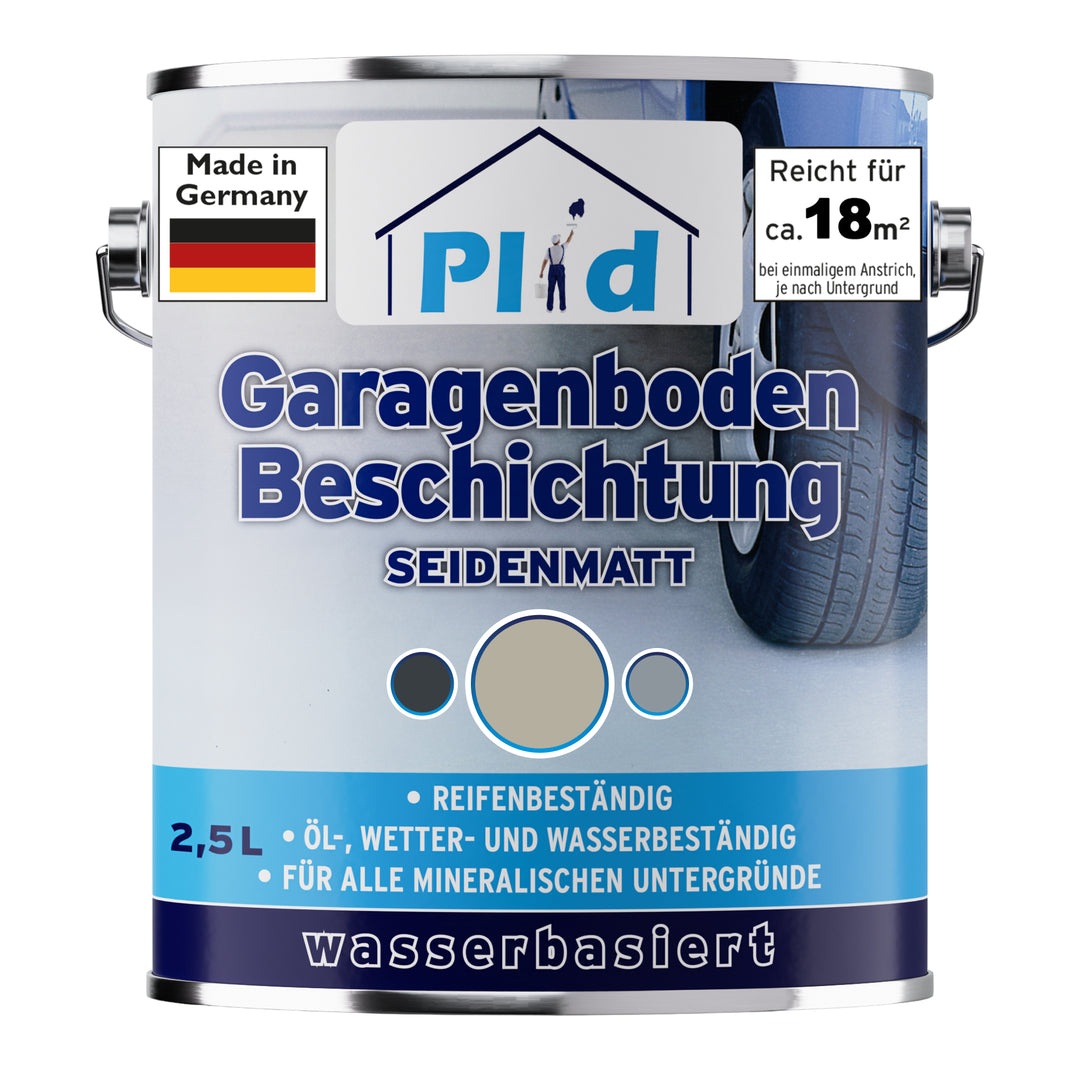 Ein 2,5-Liter-Gebinde Plid Garagenboden Beschichtung seidenmatt im hellen Farbton Kieselgrau. Das Etikett nennt Made in Germany, Reicht für ca. 18 m², reifenbeständig, öl-, wetter- und wasserbeständig, für alle mineralischen Untergründe, wasserbasiert.