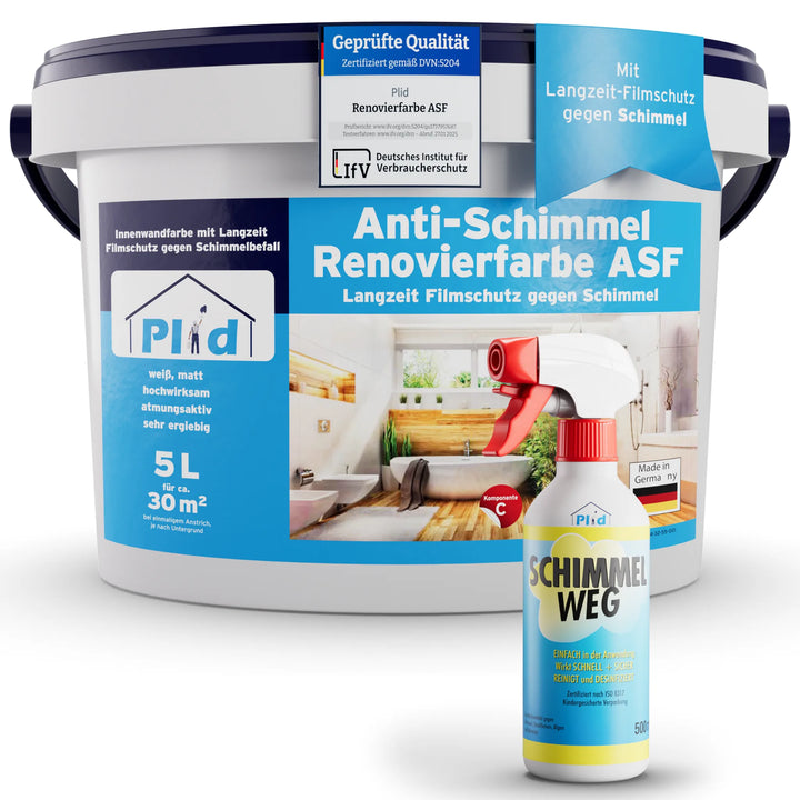 5-Liter-Eimer Plid Anti-Schimmel-Farbe hinter einer Sprühflasche Anti-Schimmelspray