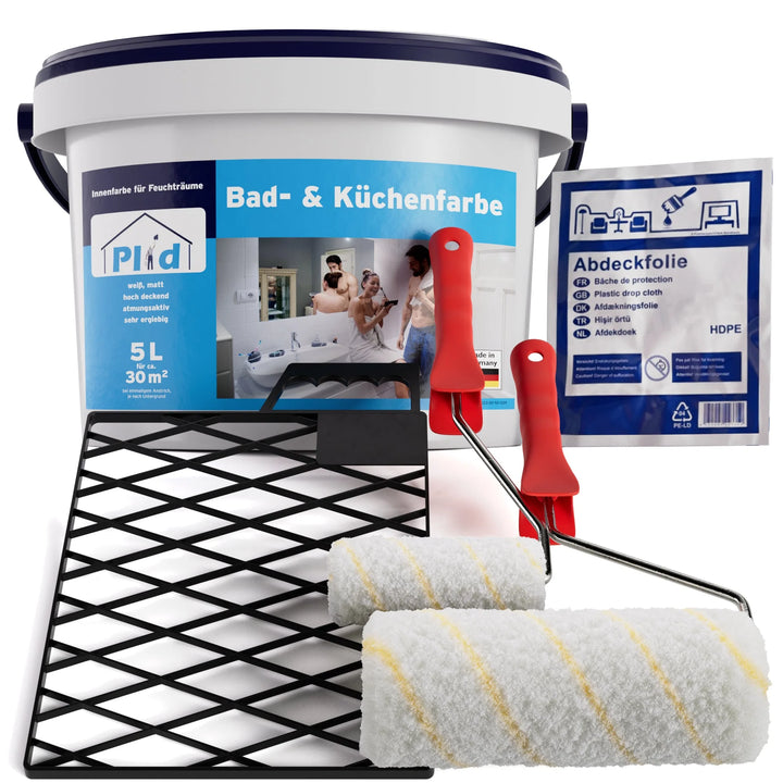 Streichset mit 5 l Plid Bad- &amp; Küchenfarbe, zwei Rollen, Farbwanne, Abstreifgitter und Abdeckfolie