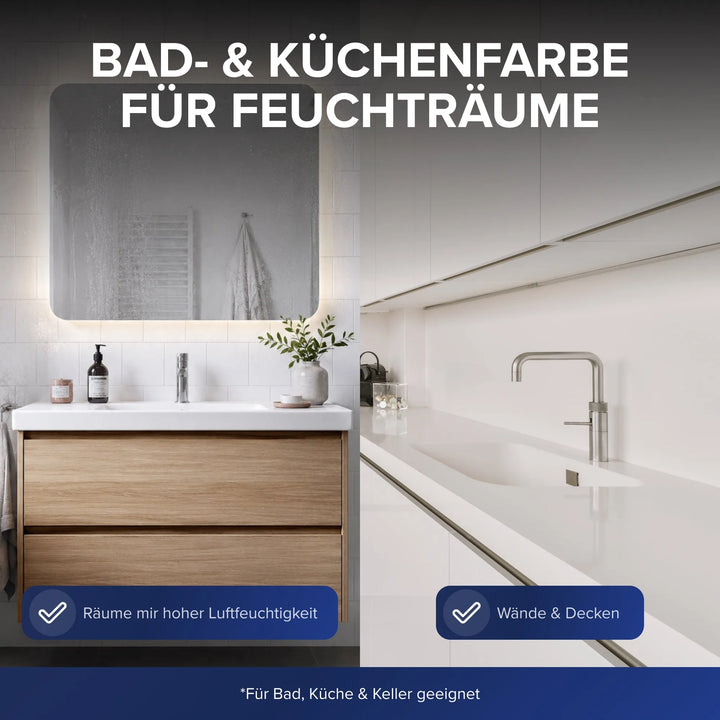 Modernes Bad und weiße Küche nebeneinander als Einsatzorte der Plid Bad- &amp; Küchenfarbe