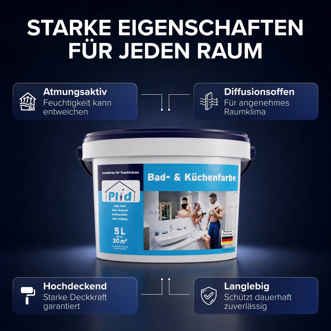 Eimer Plid Bad- &amp; Küchenfarbe vor dunklem Hintergrund mit weißer Schrift