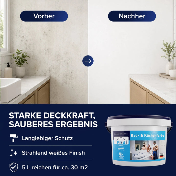 Badezimmerwand vor und nach dem Anstrich, darunter Plid Bad- &amp; Küchenfarbe mit Anwendungsangaben