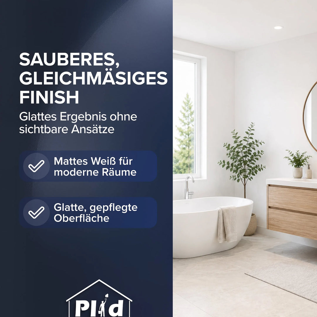 Minimalistisches Bad mit Holzwaschtisch, Wände mit Plid Bad- &amp; Küchenfarbe matt weiß gestrichen
