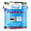 Weiß-blaues 2,5-l-Gebinde der Plid Poolfarbe, das Etikett zeigt ein Poolmotiv, das Made-in-Germany-Siegel und die Angaben chlorbeständig, UV-beständig sowie für außen. Reicht für rund 25 m².