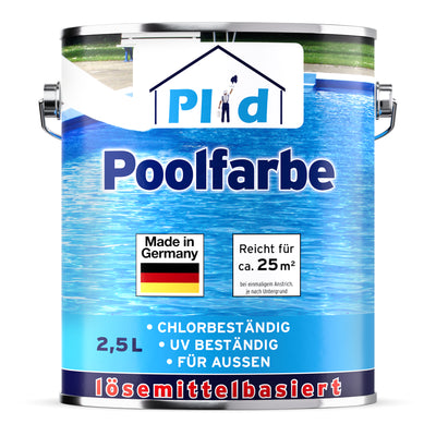 Weiß-blaues 2,5-l-Gebinde der Plid Poolfarbe, das Etikett zeigt ein Poolmotiv, das Made-in-Germany-Siegel und die Angaben chlorbeständig, UV-beständig sowie für außen. Reicht für rund 25 m².