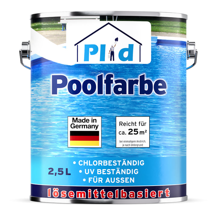 Weiß-blaues 2,5-l-Gebinde der Plid Poolfarbe, das Etikett zeigt ein Poolmotiv, das Made-in-Germany-Siegel und die Angaben chlorbeständig, UV-beständig sowie für außen. Reicht für rund 25 m².