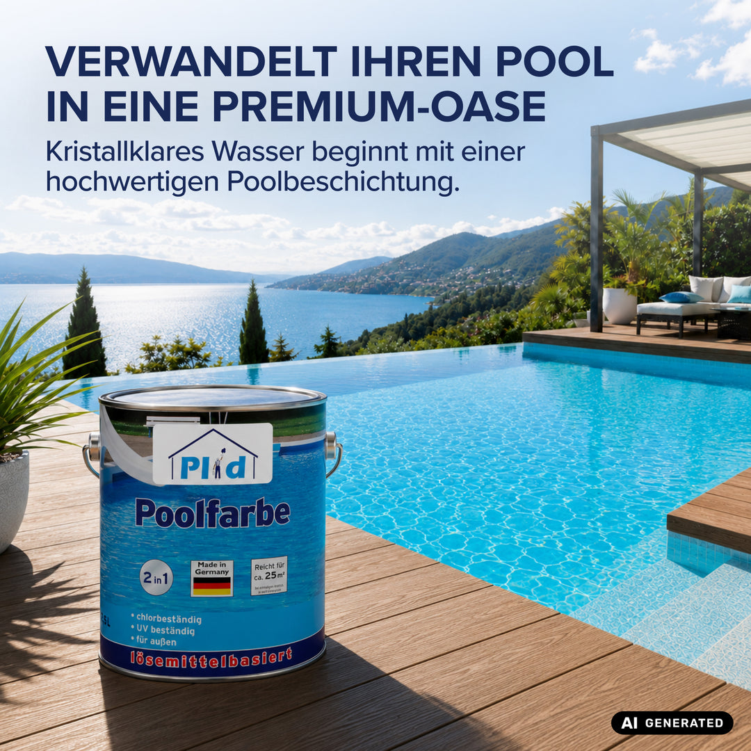 Gebinde der Plid Poolfarbe auf einer Holzterrasse vor einem türkisfarbenen Pool mit Bergpanorama und Lounge-Ecke. Die Bildmontage zeigt das Produkt in seinem Einsatzumfeld und ist als KI-generiert gekennzeichnet.