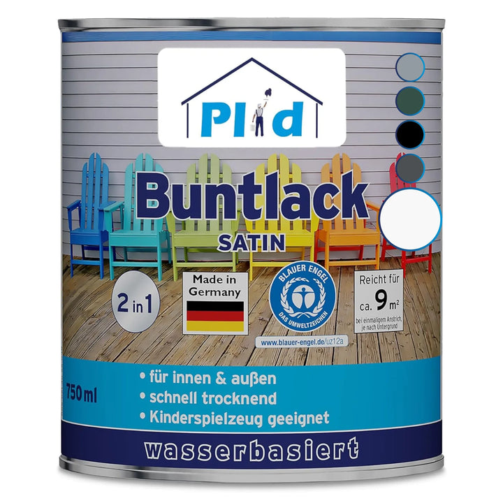 Eine Dose plid Plid® Möbellack Innen &amp; Außen - Buntlack für Möbel &amp; Holz, schnelltrocknend, unbedenklich für Kinderspielzeug, made in Germany, und als Lack für Innen und Außen geeignet. Mit bunten Stühlen auf dem Etikett.
