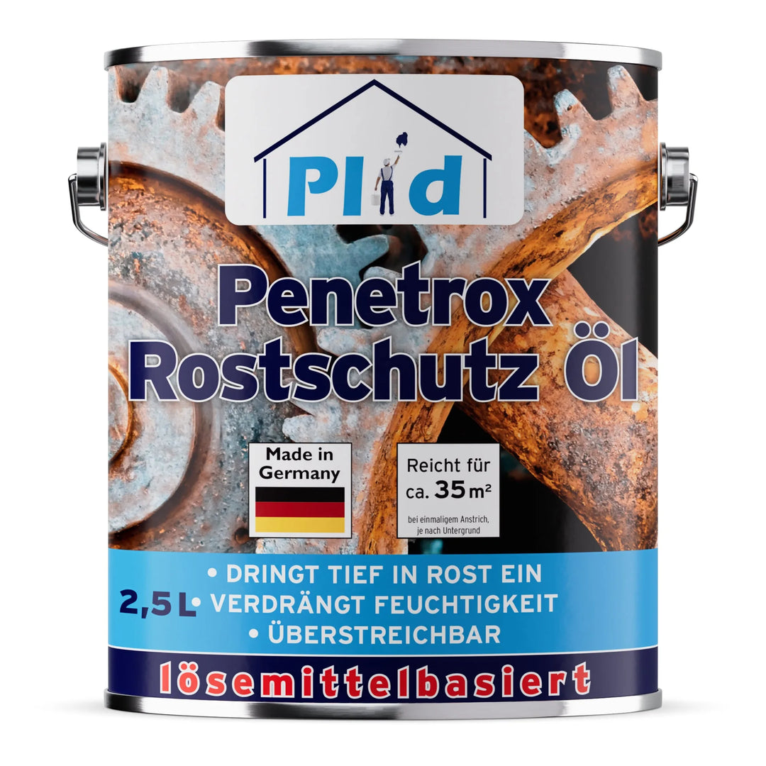 Ein 2,5L Kanister PLID Shop Rostschutz Öl Penetrox Rostversiegelung für Auto, Motorrad &amp; Oldtimer schützt Metall und Stahl, deckt 35 m² ab, durchdringt Rost und verdrängt feuchtigkeitslösenden Rostschutz aus Deutschland.