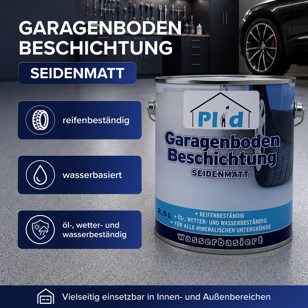 Ein 2,5-Liter-Gebinde Plid Garagenboden Beschichtung steht auf grauem Boden vor einer aufgeräumten Garage. Beschriftungen: Seidenmatt, reifenbeständig, wasserbasiert, öl-, wetter- und wasserbeständig sowie Vielseitig einsetzbar in Innen- und Außenbereichen.