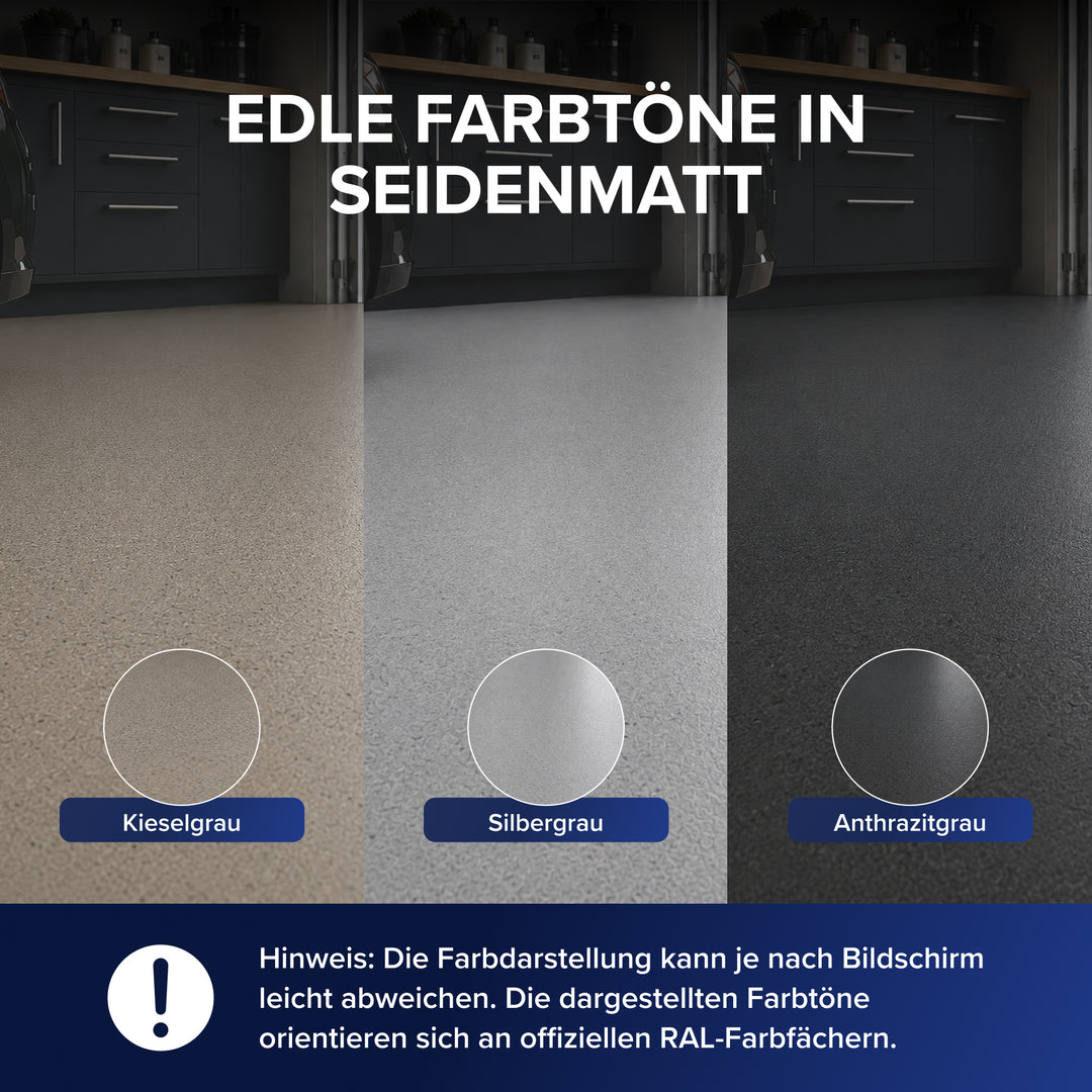 Edle Farbtöne in Seidenmatt: Drei Bodenflächen nebeneinander, beschriftet mit Kieselgrau, Silbergrau und Anthrazitgrau. Der Hinweis darunter erklärt, dass die Farbdarstellung je nach Bildschirm abweichen kann und sich an offiziellen RAL-Farbfächern orientiert.