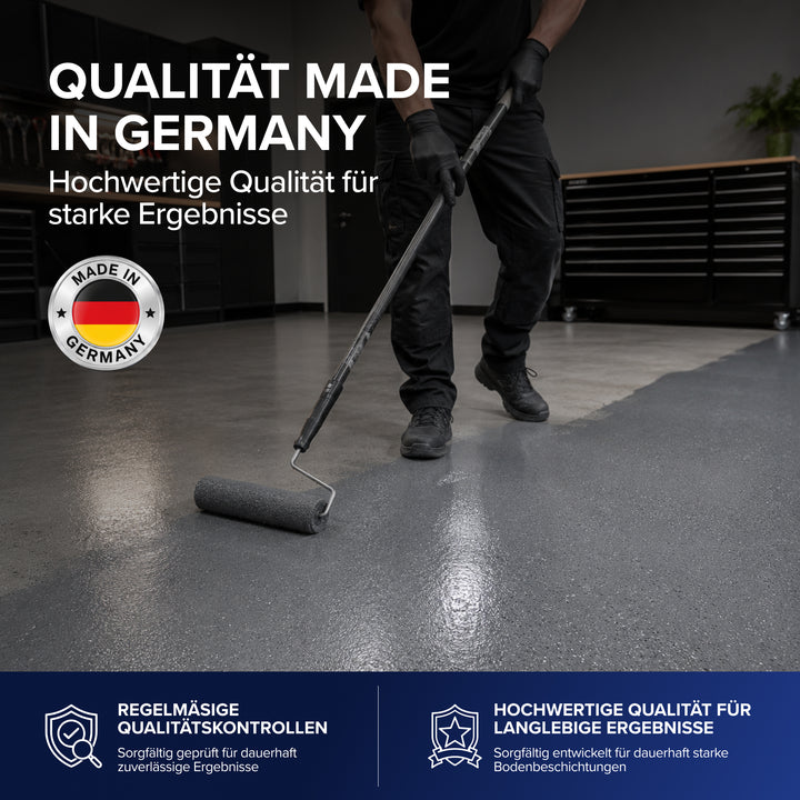 Qualität Made in Germany: Ein Handwerker in schwarzer Arbeitskleidung rollt frische graue Beschichtung auf einen Werkstattboden. Daneben ein Made-in-Germany-Siegel und die Hinweise Regelmäßige Qualitätskontrollen sowie Hochwertige Qualität für langlebige Ergebnisse.