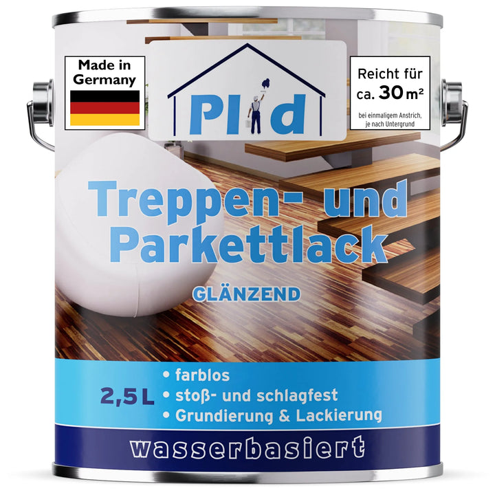 Ein 2,5L Kanister plid Treppen &amp; Parkettlack - schnell trocknend &amp; abriebfest, auf Wasserbasis, farblos, für Holzoberflächen. Made in Germany; deckt ca. 30 m². Innenbild auf dem Etikett; glänzende Oberfläche; stoßfeste Formulierung.