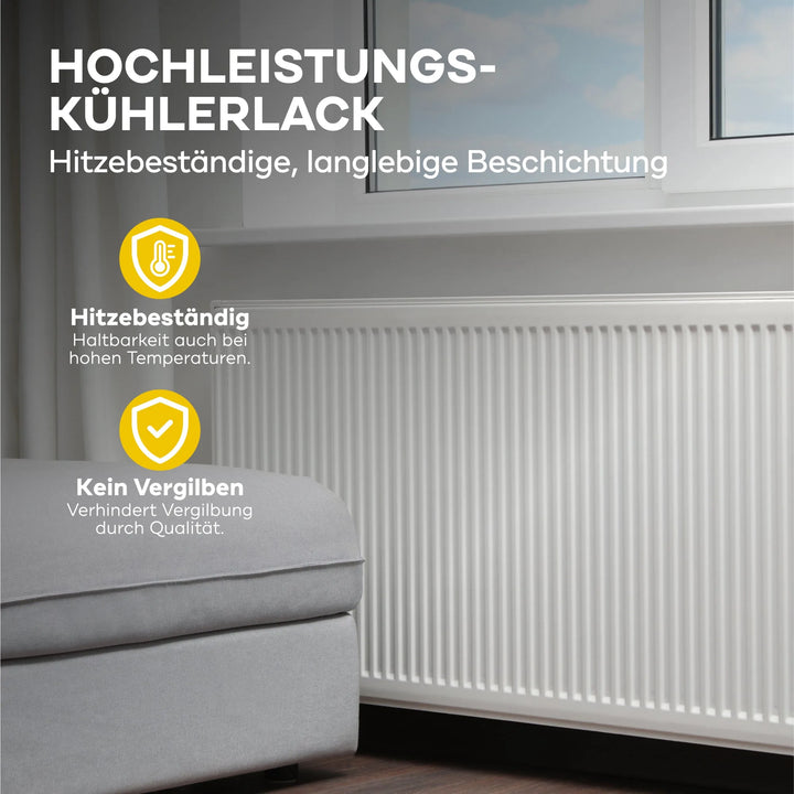 Ein weißer Heizkörper unter einem Fenster in einem hellen Raum mit einem grauen Sofa. Text unterstreicht plid Heizkörperlack LH - Lackierset: hitzebeständig und schützt vor Vergilbung, mit Icons zur Veranschaulichung der einzelnen Merkmale.