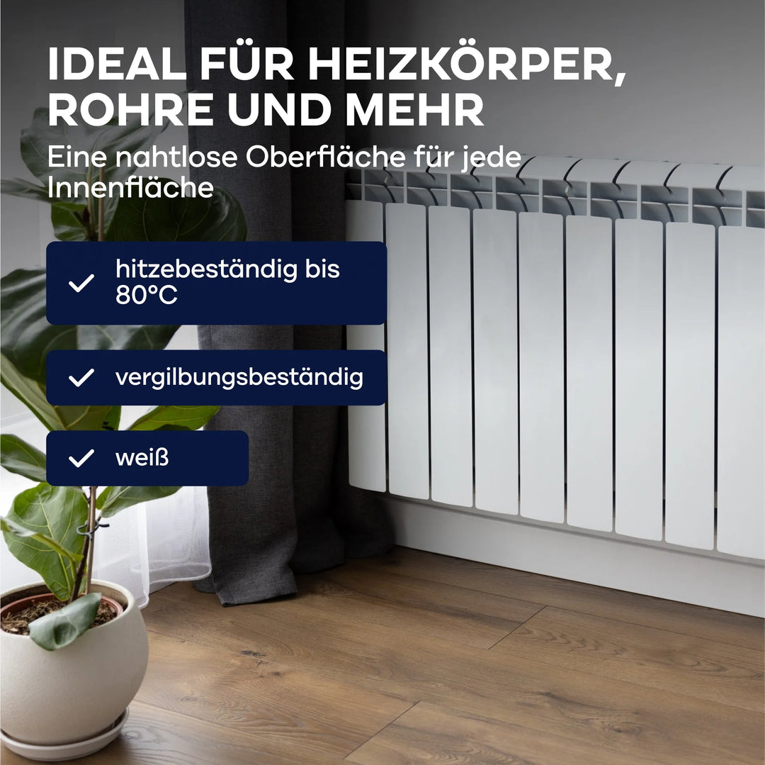 Der Heizkörperlack LH Premium Set hitzebeständig weiß von plid veredelt Ihren Heizkörper farbecht bis 80°C, schützt vor Vergilbung und ist ideal für Renovierungen. Modernes Design in Weiß vor grauer Wand, auf Holzboden, mit grüner Pflanze.