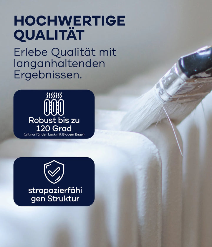 Ein Pinsel trägt plid Heizkörperlack LF - Lackierset auf einen Heizkörper auf. Text: "HOCHWERTIGE QUALITÄT - Langanhaltende Ergebnisse." Zwei blaue Kästen heben temperaturbeständige Robustheit bis 120 °C hervor.