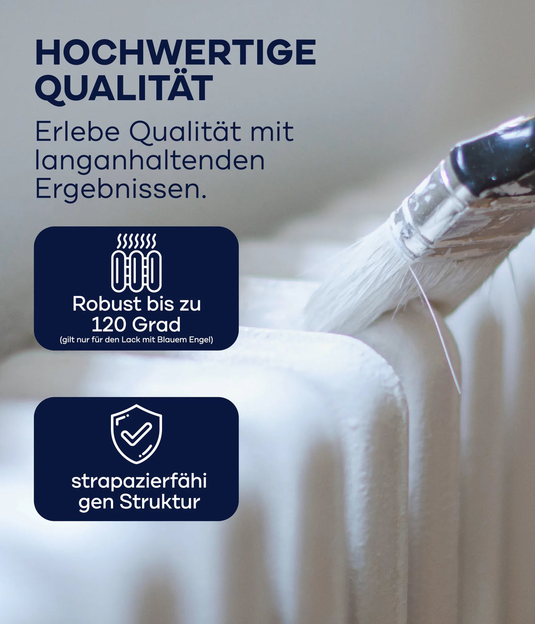 Eine Nahaufnahme zeigt, wie ein Pinsel Plid Heizkörperlack LF von plid aufträgt. Der lösemittelfreie Lack überzeugt durch hochwertige Qualität, ist hitzebeständig bis 120°C, geruchsarm und besonders strapazierfähig.