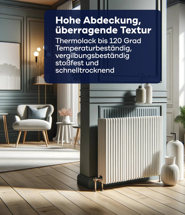 Ein stilvolles, modernes Wohnzimmer mit hellblauen Wänden, gestrichen mit plid Heizkörperlack LF - Lackierset und eleganten Leisten. Ein weißer, temperaturbeständiger Heizkörper steht im Vordergrund, während Sonnenlicht einen gemütlichen Sessel und Wandkunst hervorhebt.