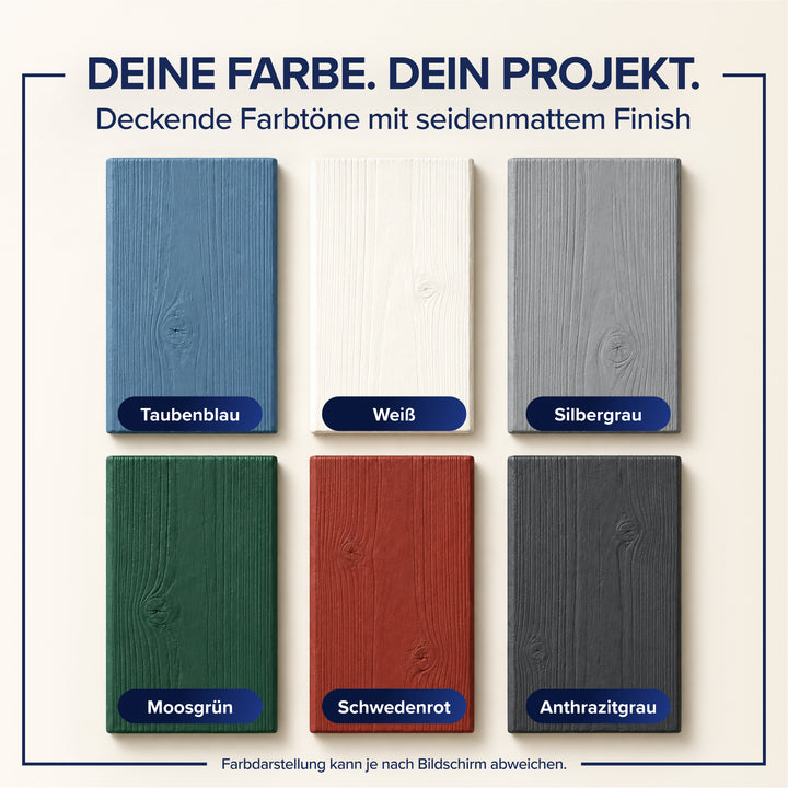 Farbübersicht mit sechs gestrichenen Holzbrettern: Taubenblau, Weiß, Silbergrau, Moosgrün, Schwedenrot und Anthrazitgrau, jeweils beschriftet. Die Plid Holzfarbe deckt die Maserung sichtbar ab und trocknet seidenmatt auf.