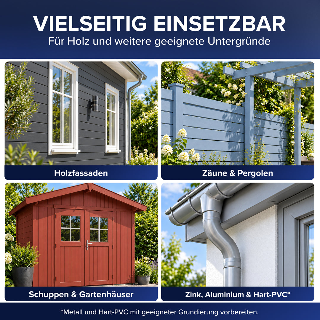Vier Anwendungsbeispiele im Raster: graue Holzfassade, Zaun mit Pergola, rotes Gartenhaus sowie Regenrinne aus Zink. Die Plid Holzfarbe eignet sich für Holz und mit passender Grundierung auch für Zink, Aluminium und Hart-PVC.