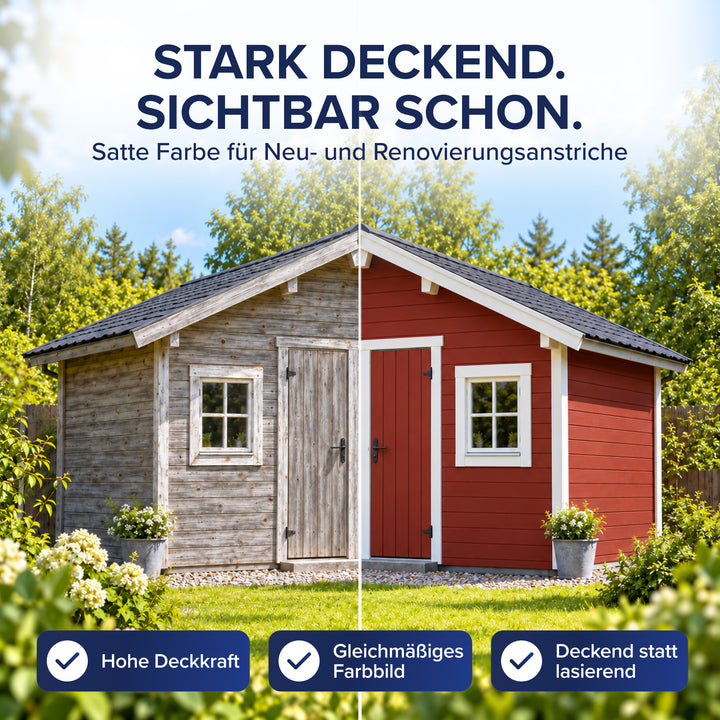 Gartenhaus im direkten Vergleich: links die vergraute, unbehandelte Holzwand, rechts die frisch gestrichene Seite mit gleichmäßigem Farbbild. Die Häkchen nennen hohe Deckkraft und einen deckenden statt lasierenden Anstrich von Plid.