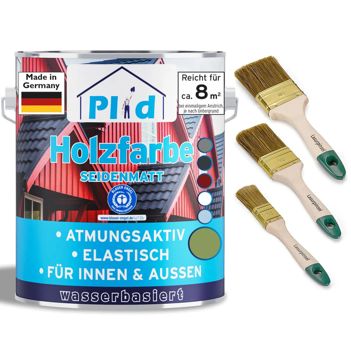 Eine Dose plid Holzfarbe - Anstreichset, geeignet für den Innen- und Außenbereich mit seidenmattem Finish, ist neben drei Pinseln abgebildet. Die Dose zeigt ein rotes Haus und deutschen Text auf dem Etikett - ideal für Holzschutz.
