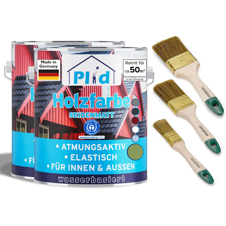 Abgebildet sind zwei Dosen plid Holzfarbe - Anstreichset für innen/außen vor einer roten Hausdarstellung, daneben drei Pinsel. Dieses Set auf Wasserbasis bietet elastischen, atmungsaktiven Holzschutz für dauerhafte Schönheit.