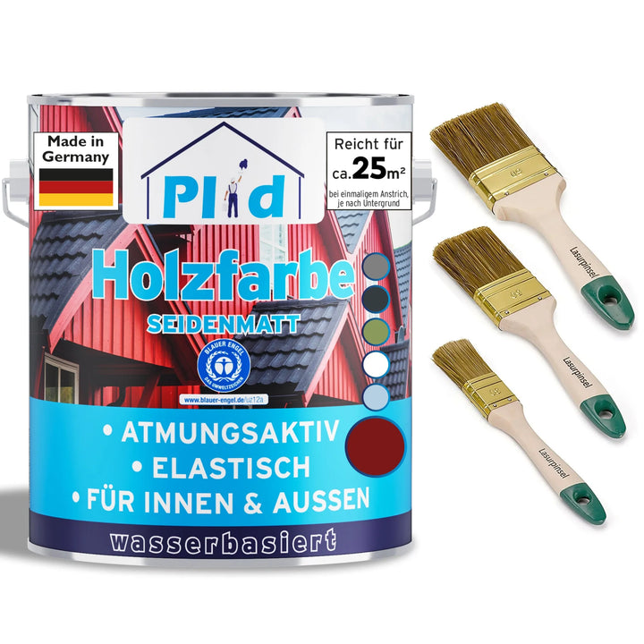 Eine Dose plid Holzfarbe - Anstreichset Holzfarbe in seidenmatt mit deutschem Text zeigt rote Häuser. Drei Pinsel stehen neben der Dose. Das Etikett hebt Atmungsaktivität, Elastizität und Holzschutz für den Innen- und Außenbereich hervor.